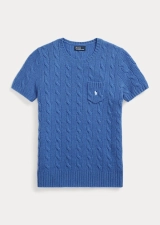 POLO RALPH LAUREN CABLE WOOL-CASHMERE SHORT-SLEEVE SWEATER - NEW ENGLAND BLUE