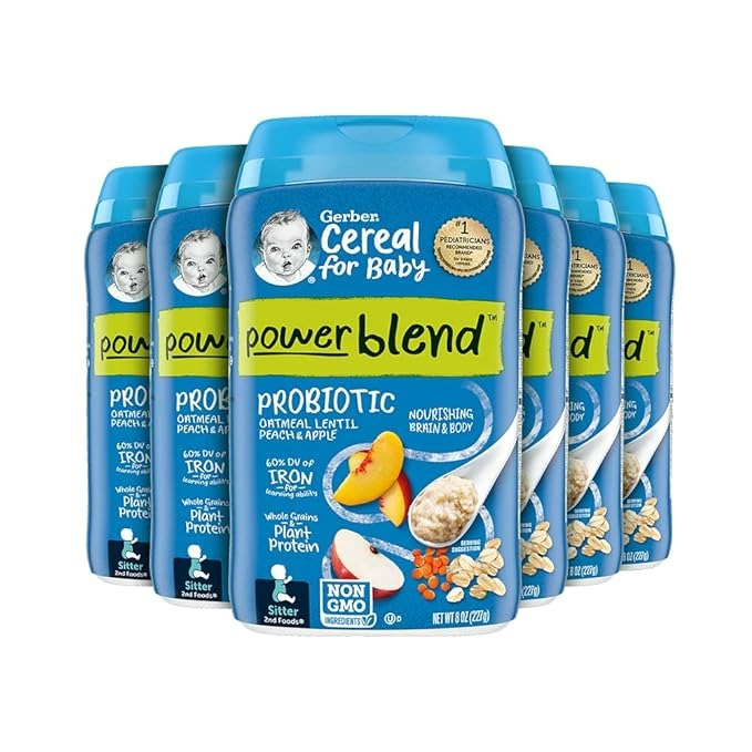GERBER BABY CEREAL 2ND FOODS PROBIOTIC POWERBLEND OATMEAL LENTIL PEACH APPLE - 8 OZ - 6'LI PAKET