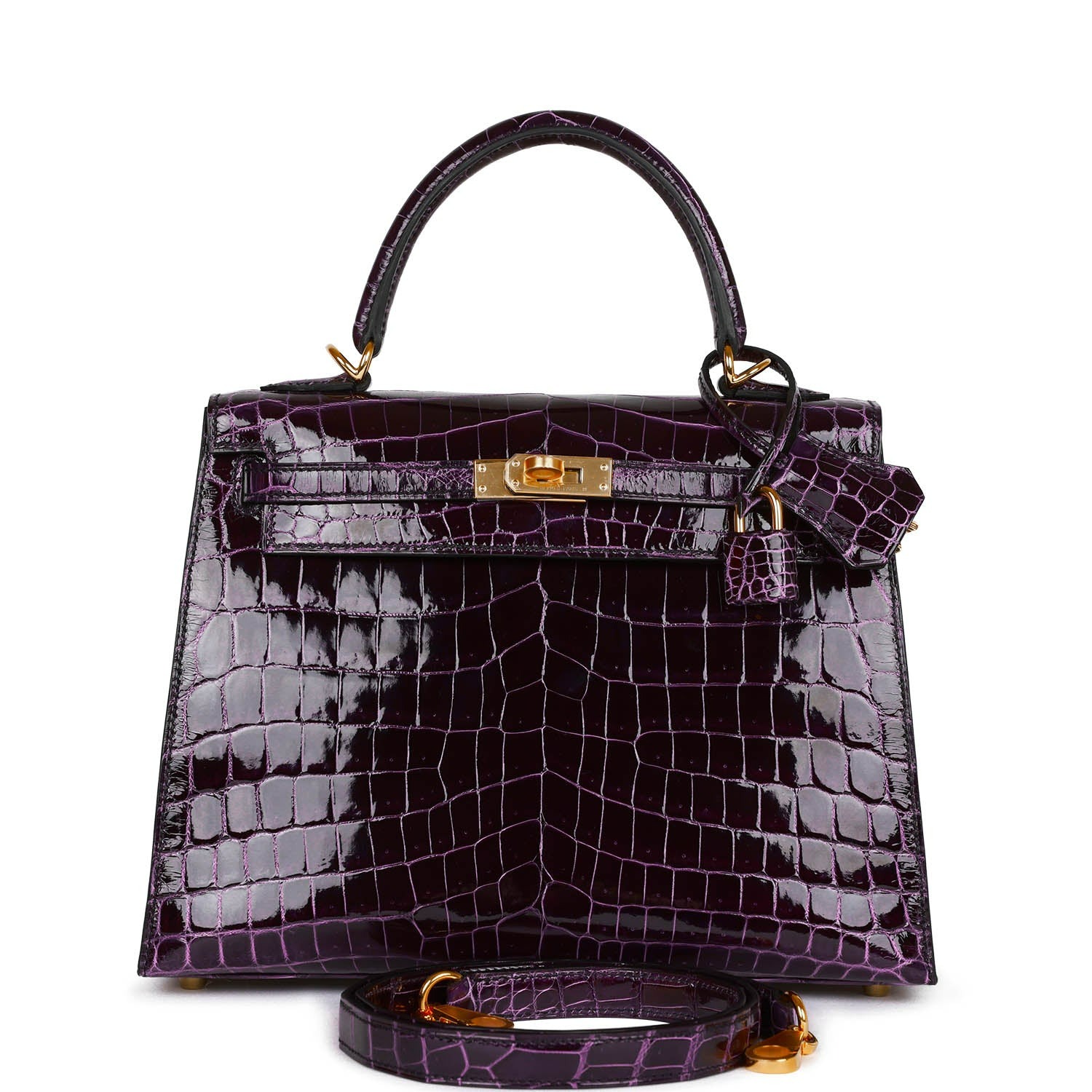 HERMES KELLY SELLIER 25 AUBERGINE SHINY NILOTICUS CROCODILE GOLD HARDWARE