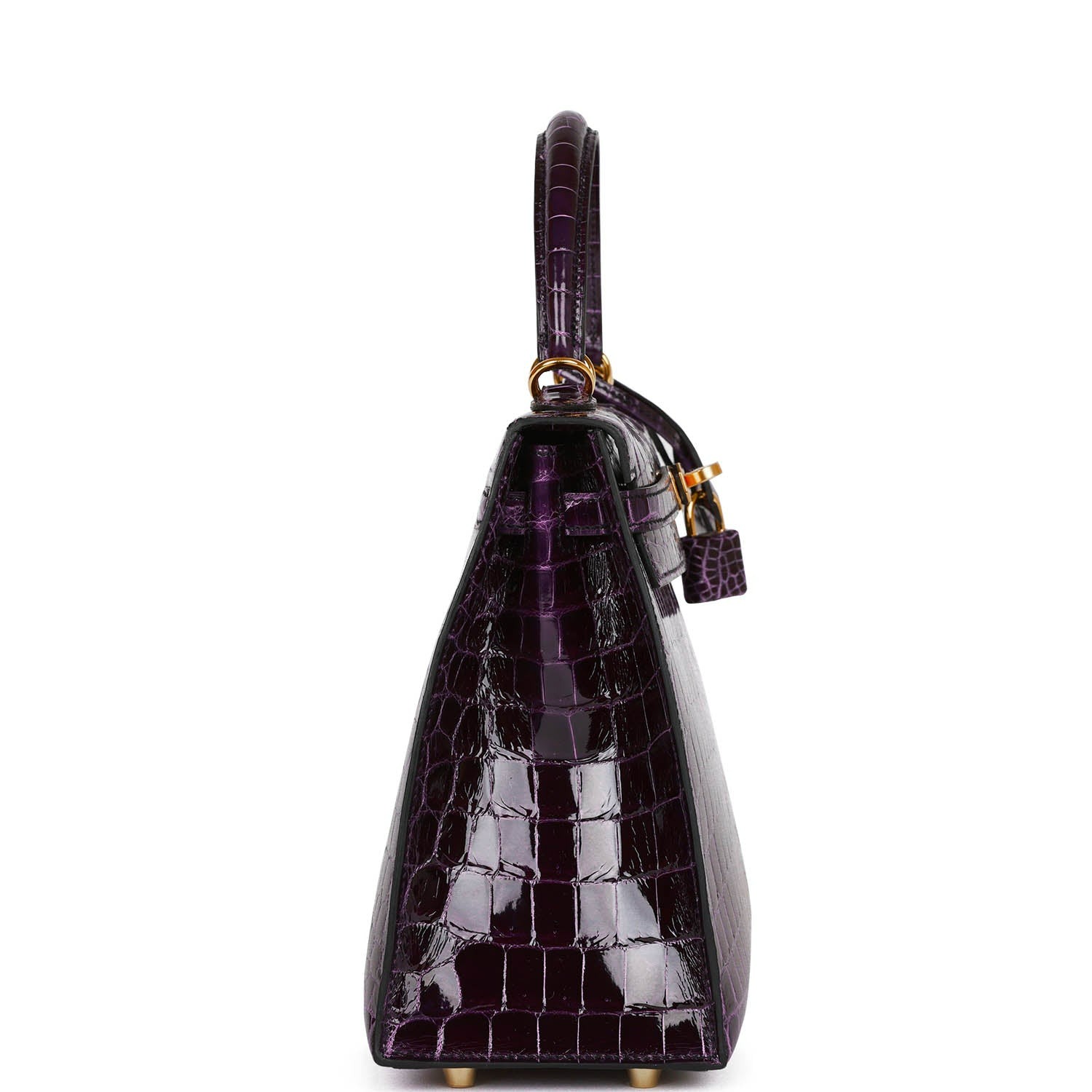 HERMES KELLY SELLIER 25 AUBERGINE SHINY NILOTICUS CROCODILE GOLD HARDWARE