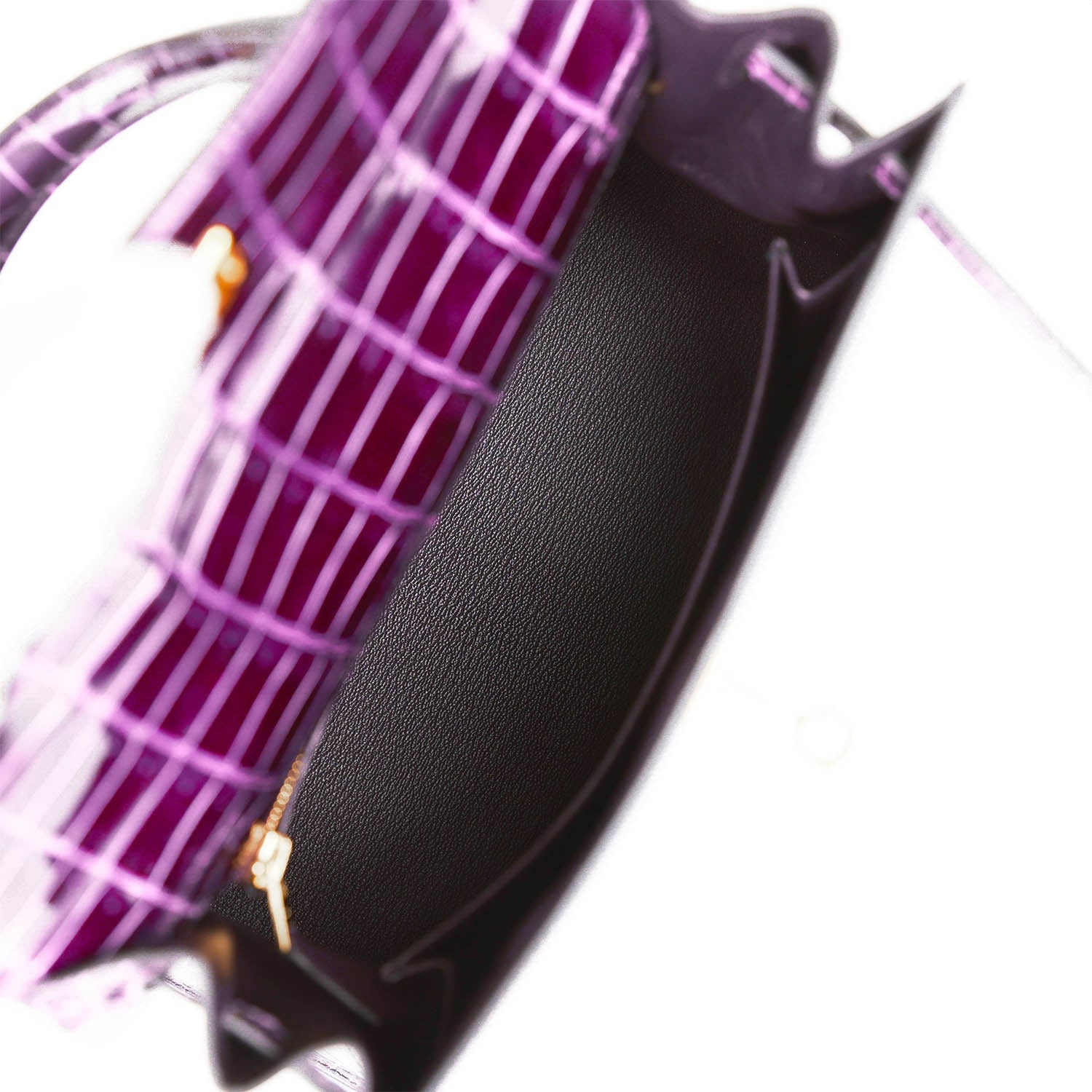 HERMES KELLY SELLIER 25 AUBERGINE SHINY NILOTICUS CROCODILE GOLD HARDWARE