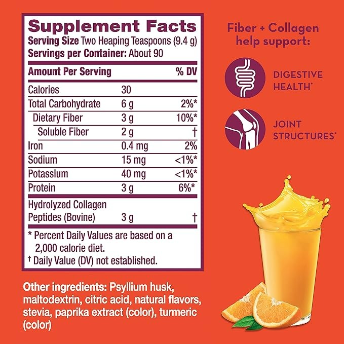 METAMUCIL DAILY FIBER + COLLAGEN, PSYLLIUM HUSK POWDER - 29.8 OZ