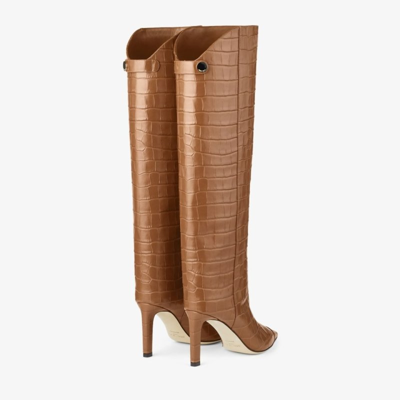 JIMMY CHOO ALIZZE KNEE BOOT 85 TAN CROC-EMBOSSED LEATHER KNEE-HIGH BOOTS