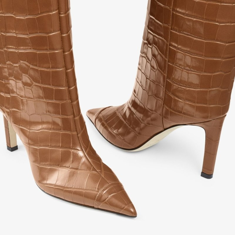 JIMMY CHOO ALIZZE KNEE BOOT 85 TAN CROC-EMBOSSED LEATHER KNEE-HIGH BOOTS