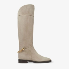 JIMMY CHOO NELL KNEE BOOT FLAT TAUPE SUEDE KNEE-HIGH BOOTS WITH CHAIN