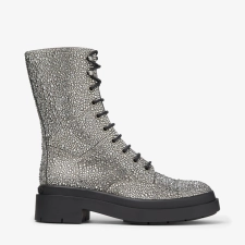 JIMMY CHOO NARI FLAT BLACK SHIMMER SUEDE BOOTS WITH CRYSTALS
