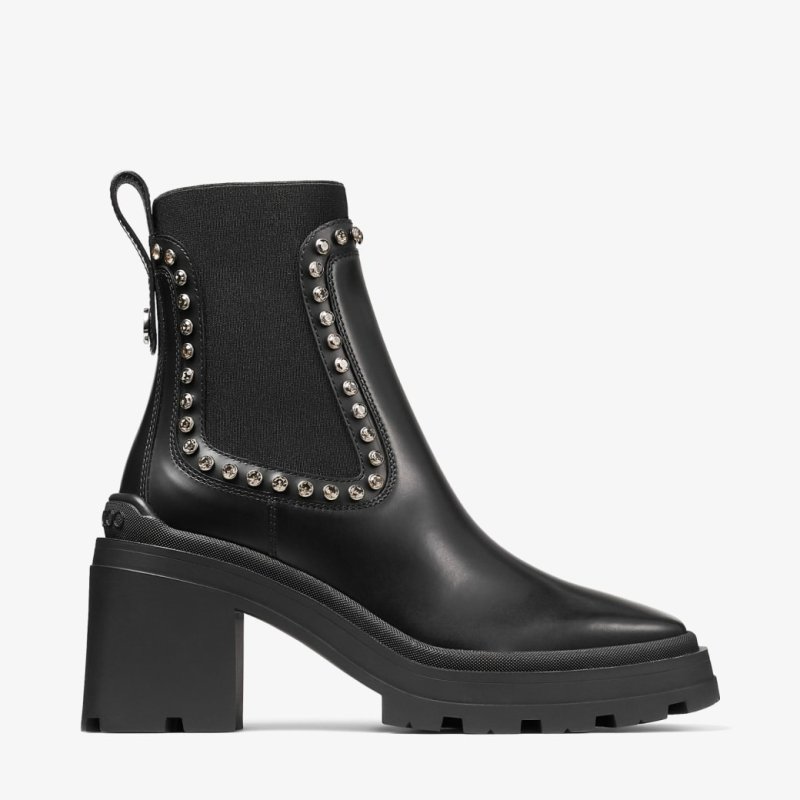 JIMMY CHOO VERONIQUE 80 BLACK SMOOTH LEATHER ANKLE BOOTS WITH CRYSTAL EMBELLISHMENT