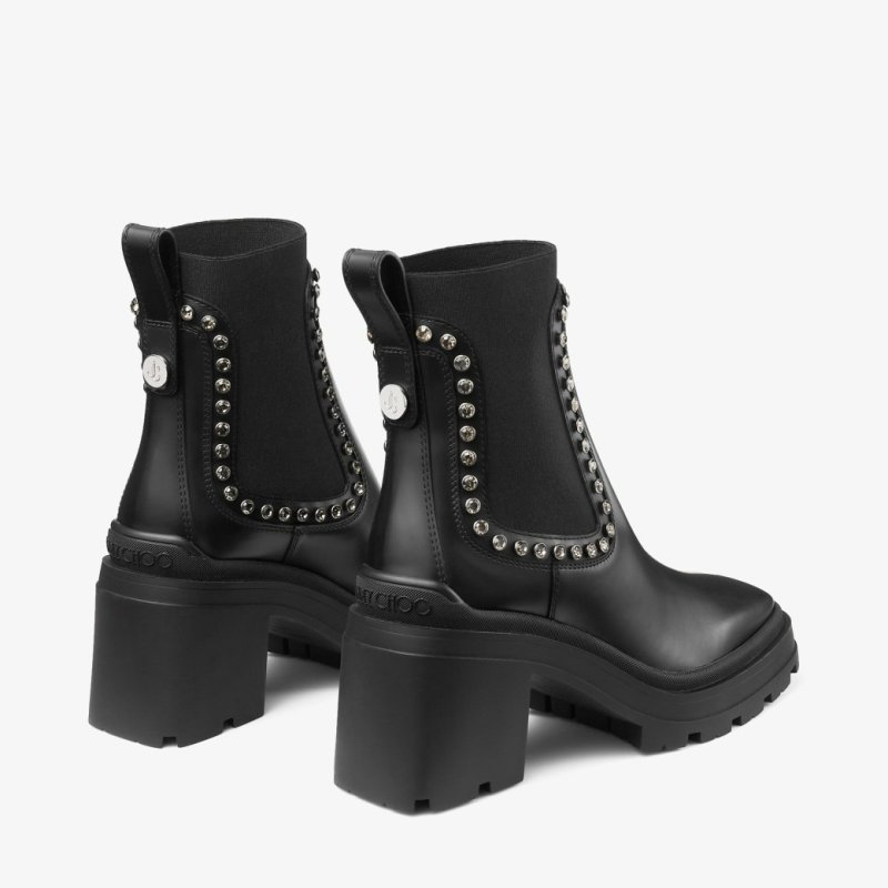 JIMMY CHOO VERONIQUE 80 BLACK SMOOTH LEATHER ANKLE BOOTS WITH CRYSTAL EMBELLISHMENT