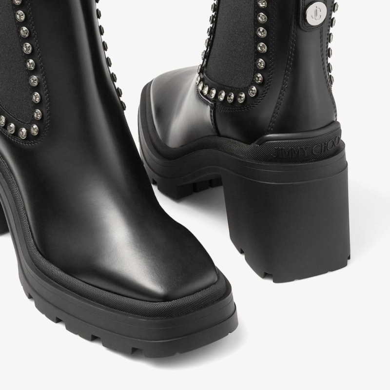 JIMMY CHOO VERONIQUE 80 BLACK SMOOTH LEATHER ANKLE BOOTS WITH CRYSTAL EMBELLISHMENT