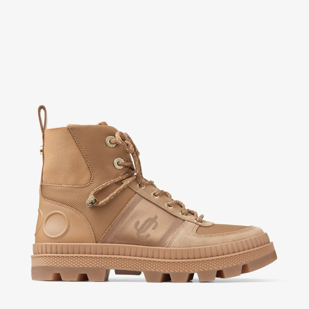 JIMMY CHOO NORMANDY/F BISCUIT NYLON AND LEATHER BOOTS