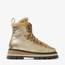 JIMMY CHOO CHIKE SHEARLING GOLD METALLIC NAPPA ANKLE BOOTS WITH SHEARLING TRIM