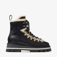 JIMMY CHOO CHIKE SHEARLING BLACK VACHETTA ANKLE BOOTS WITH SHEARLING TRIM - BLACK