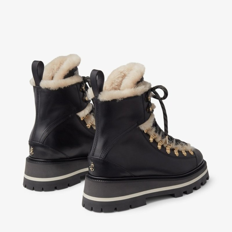 JIMMY CHOO CHIKE SHEARLING BLACK VACHETTA ANKLE BOOTS WITH SHEARLING TRIM - BLACK
