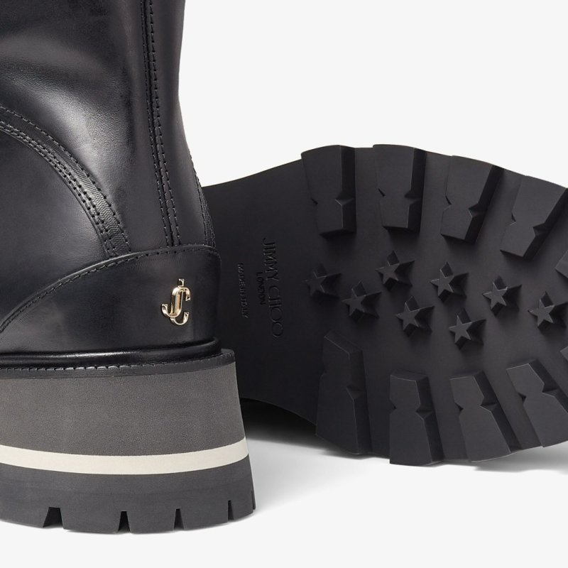 JIMMY CHOO CHIKE SHEARLING BLACK VACHETTA ANKLE BOOTS WITH SHEARLING TRIM - BLACK