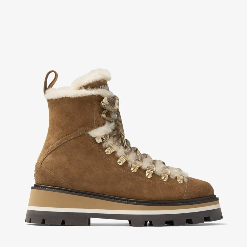 JIMMY CHOO CHIKE SHEARLING KHAKI BROWN VELVET SUEDE ANKLE BOOTS WITH SHEARLING TRIM