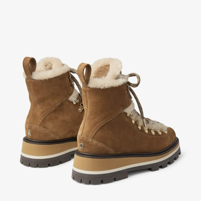 JIMMY CHOO CHIKE SHEARLING KHAKI BROWN VELVET SUEDE ANKLE BOOTS WITH SHEARLING TRIM