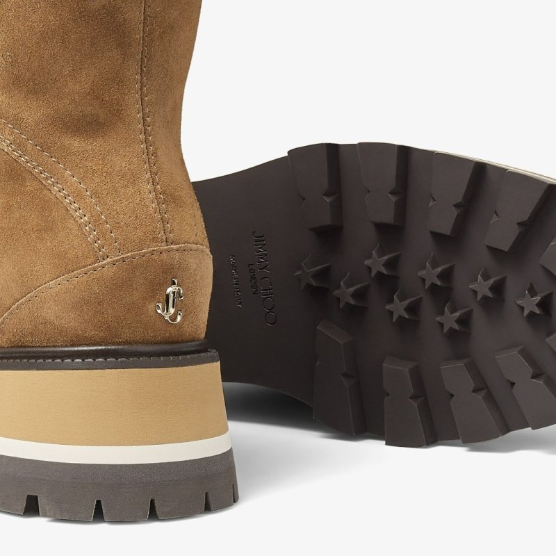 JIMMY CHOO CHIKE SHEARLING KHAKI BROWN VELVET SUEDE ANKLE BOOTS WITH SHEARLING TRIM