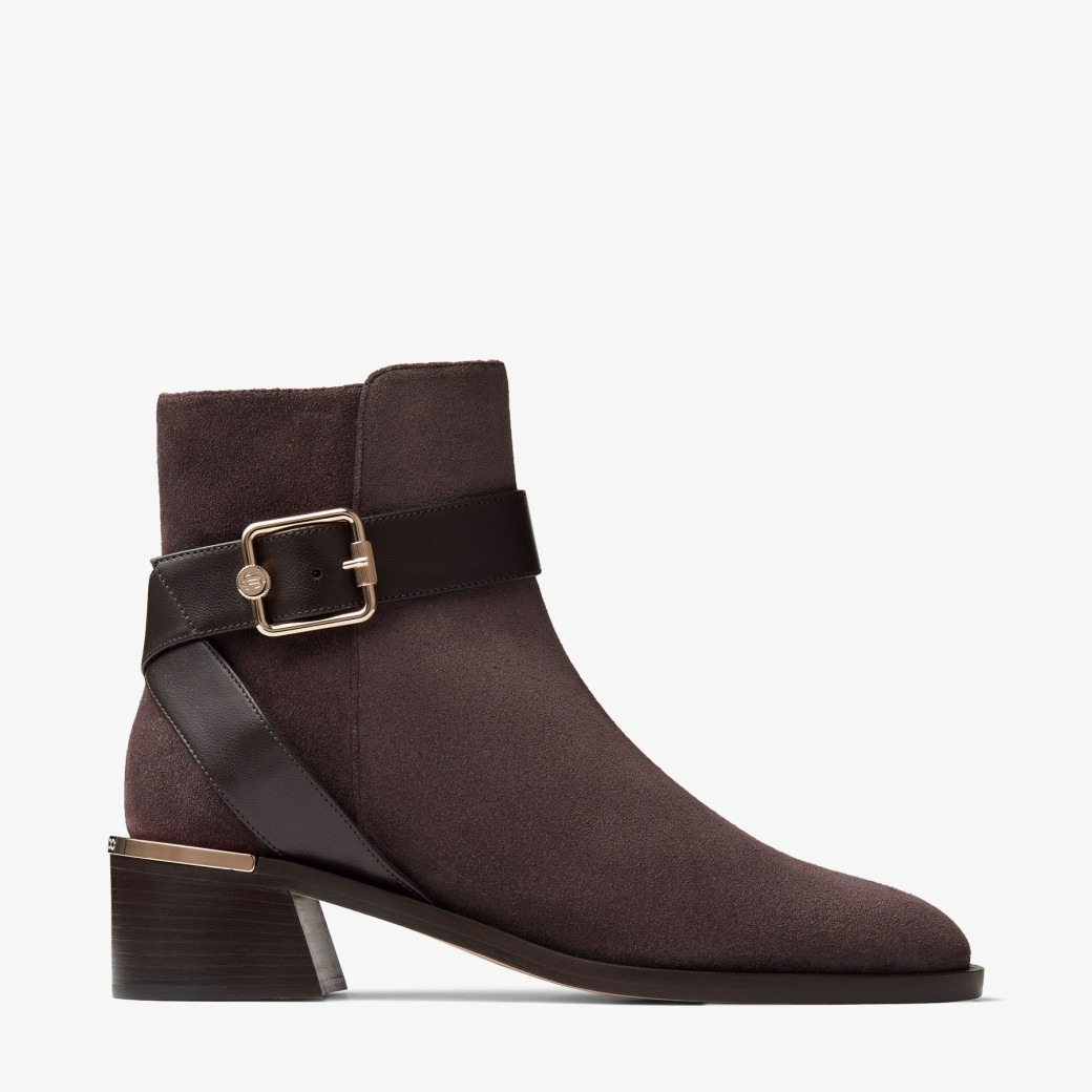 JIMMY CHOO CLARICE 45 COFFEE SUEDE AND LEATHER ANKLE BOOTS