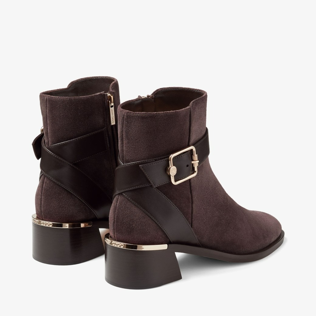JIMMY CHOO CLARICE 45 COFFEE SUEDE AND LEATHER ANKLE BOOTS