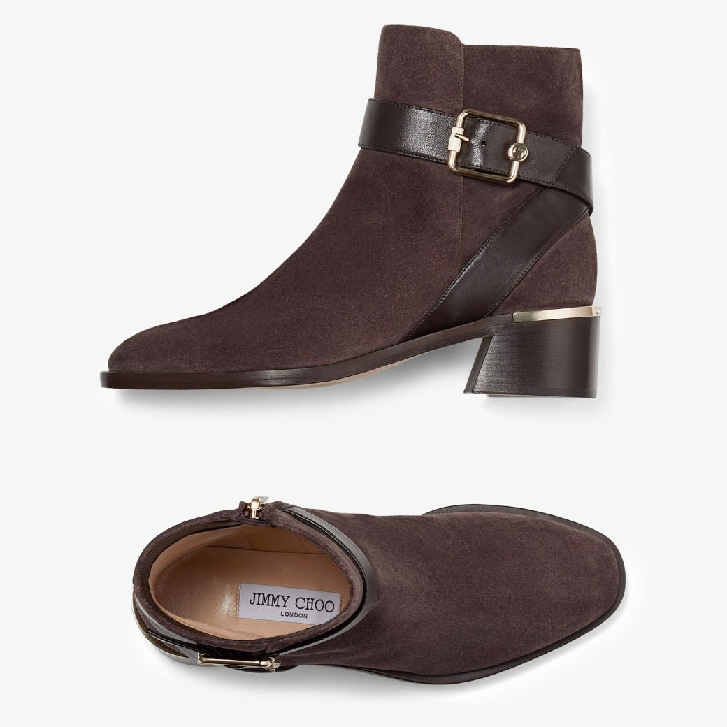 JIMMY CHOO CLARICE 45 COFFEE SUEDE AND LEATHER ANKLE BOOTS