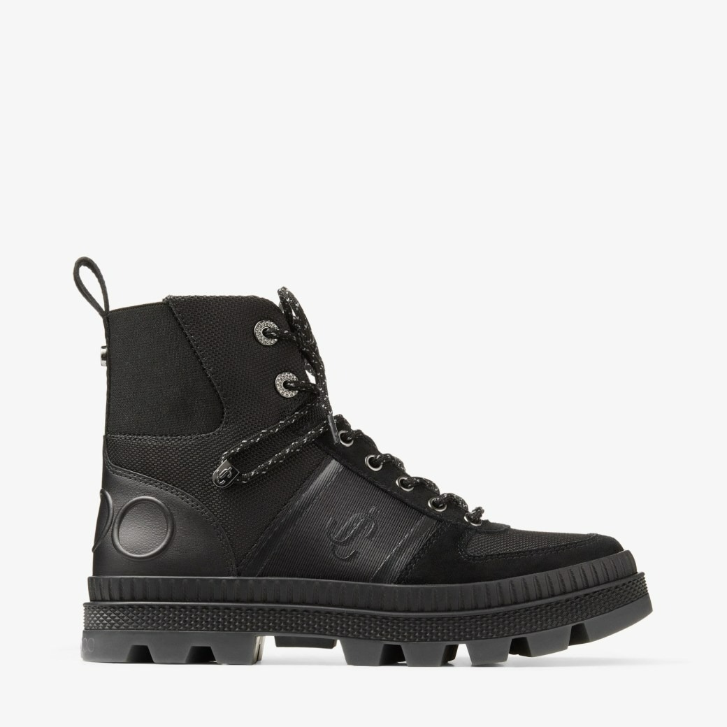 JIMMY CHOO NORMANDY/F BLACK NYLON AND LEATHER BOOTS
