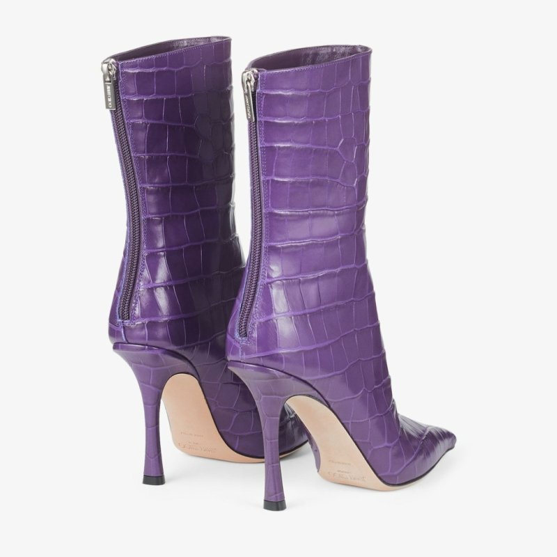 JIMMY CHOO AGATHE ANKLE BOOT 100 CASSIS CROC-EMBOSSED LEATHER ANKLE BOOTS