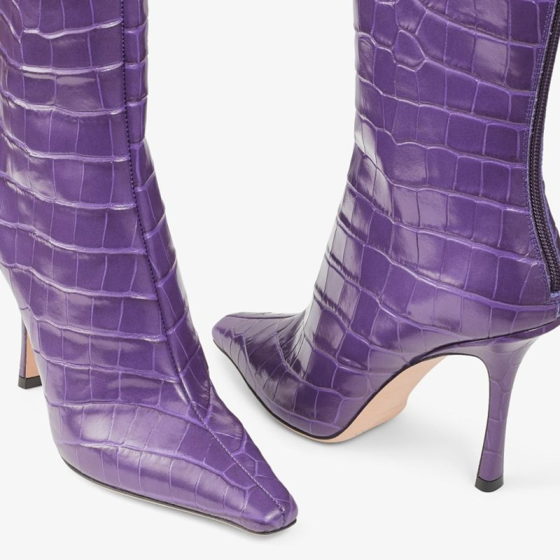 JIMMY CHOO AGATHE ANKLE BOOT 100 CASSIS CROC-EMBOSSED LEATHER ANKLE BOOTS