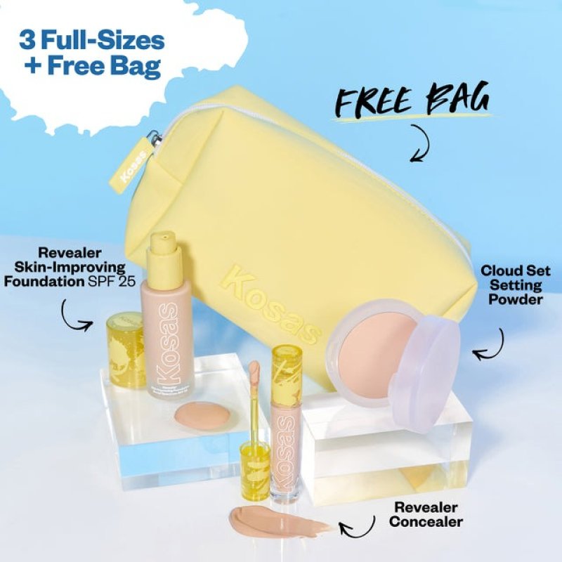 BEST SKIN EVER SET - FULL-SIZE FOUNDATION + CONCEALER + SETTING POWDER + BAG