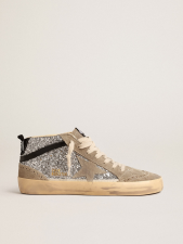 GOLDEN GOOSE MID STAR IN SILVER GLITTER WITH SUEDE STAR AND BLACK FLASH