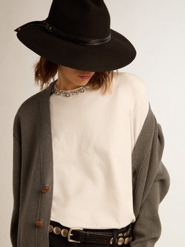 GOLDEN GOOSE WOMEN'S MéLANGE GRAY COTTON CARDIGAN WITH LOGO