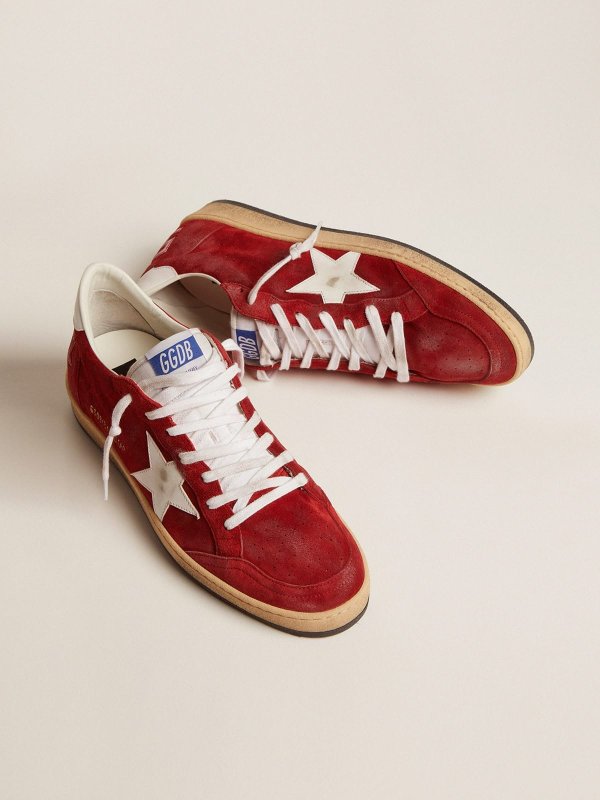 GOLDEN GOOSE MEN'S BALL STAR IN DARK RED SUEDE WITH WHITE STAR AND HEEL TAB