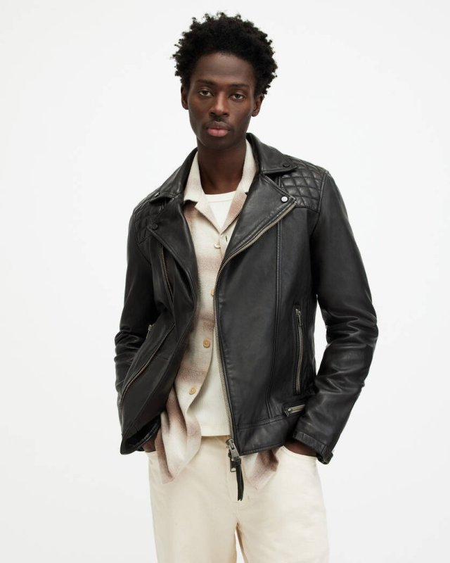 ALL SAINTS CONROY CRINKLED LEATHER BIKER JACKET - INK NAVY