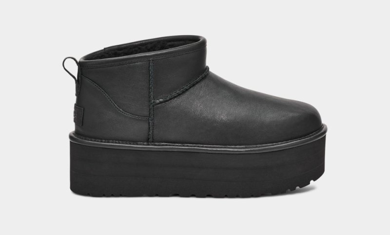 UGG WOMEN'S CLASSIC ULTRA MINI PLATFORM LEATHER - BLACK LEATHER