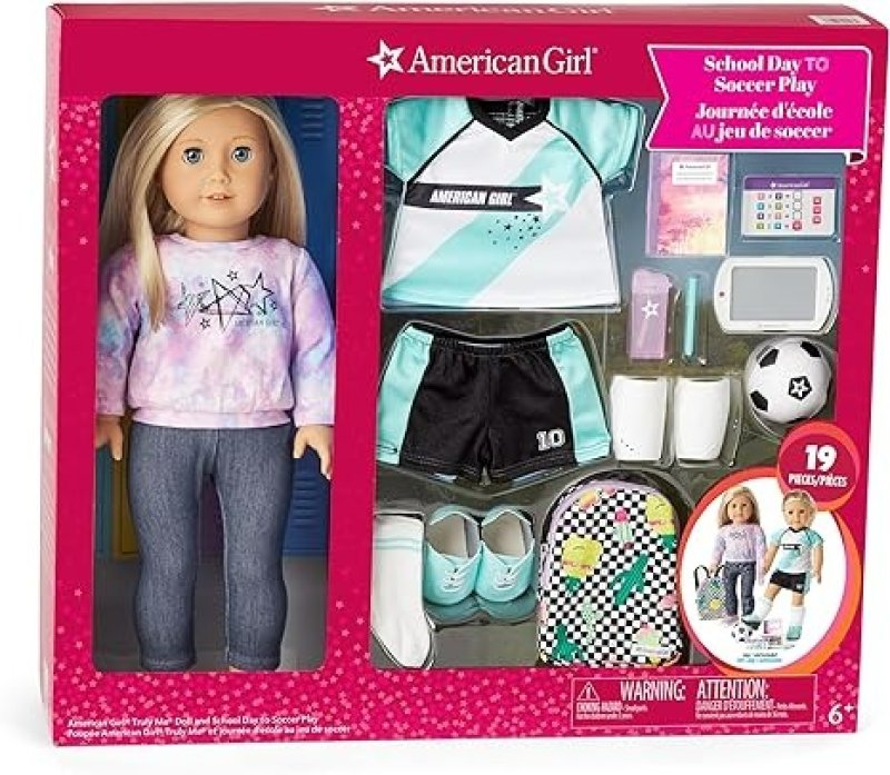 AMERICAN GIRL TRULY ME 18 INCH DOLL 27 & SCHOOL DAY TO SOCCER PLAY PLAYSET WITH SUPPLIES - BLONDE