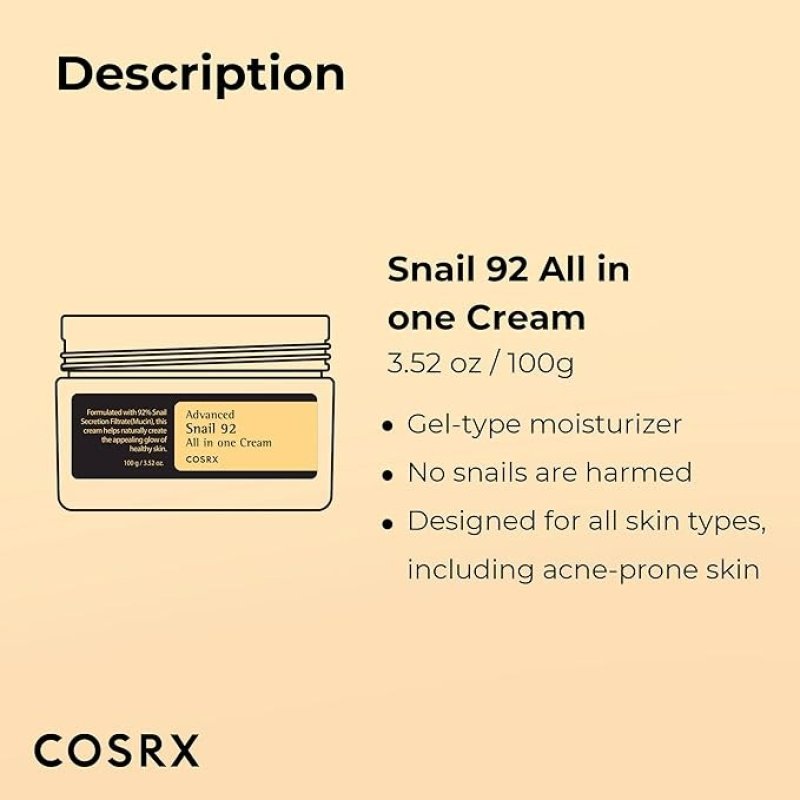 COSRX SNAIL MUCIN 92% REPAIR CREAM - 3.52 FL OZ