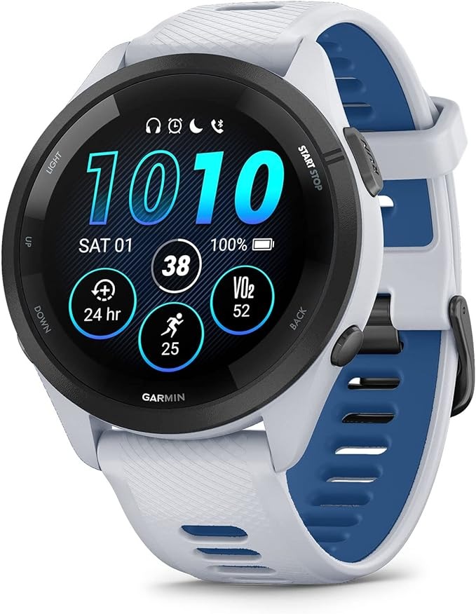 GARMIN FORERUNNER 265 RUNNING SMARTWATCH - WHITESTONE AND TIDAL BLUE