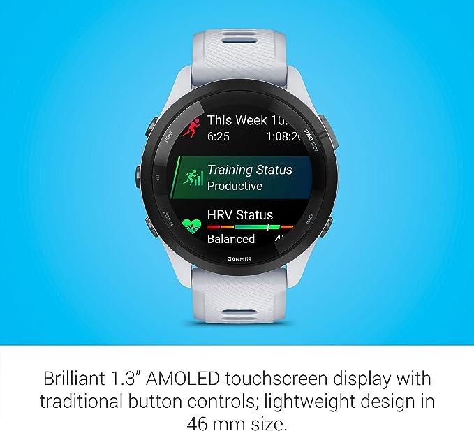GARMIN FORERUNNER 265 RUNNING SMARTWATCH - WHITESTONE AND TIDAL BLUE