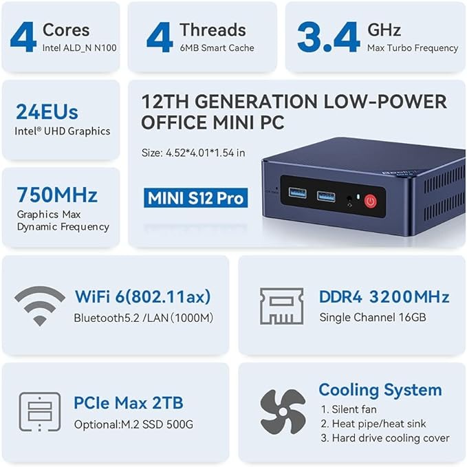 BEELINK MINI PC, MINI S12 PRO INTEL 12TH GEN 4-CORE N100 500GB SSD