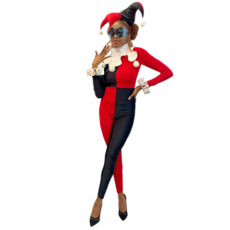 ABRACADABRA NYC DC COMIC HARLEQUIN JESTER ADULT COSTUME JUMPSUIT W/ JESTER HAT AND MASK