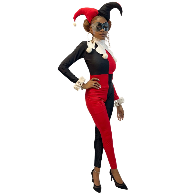 ABRACADABRA NYC DC COMIC HARLEQUIN JESTER ADULT COSTUME JUMPSUIT W/ JESTER HAT AND MASK
