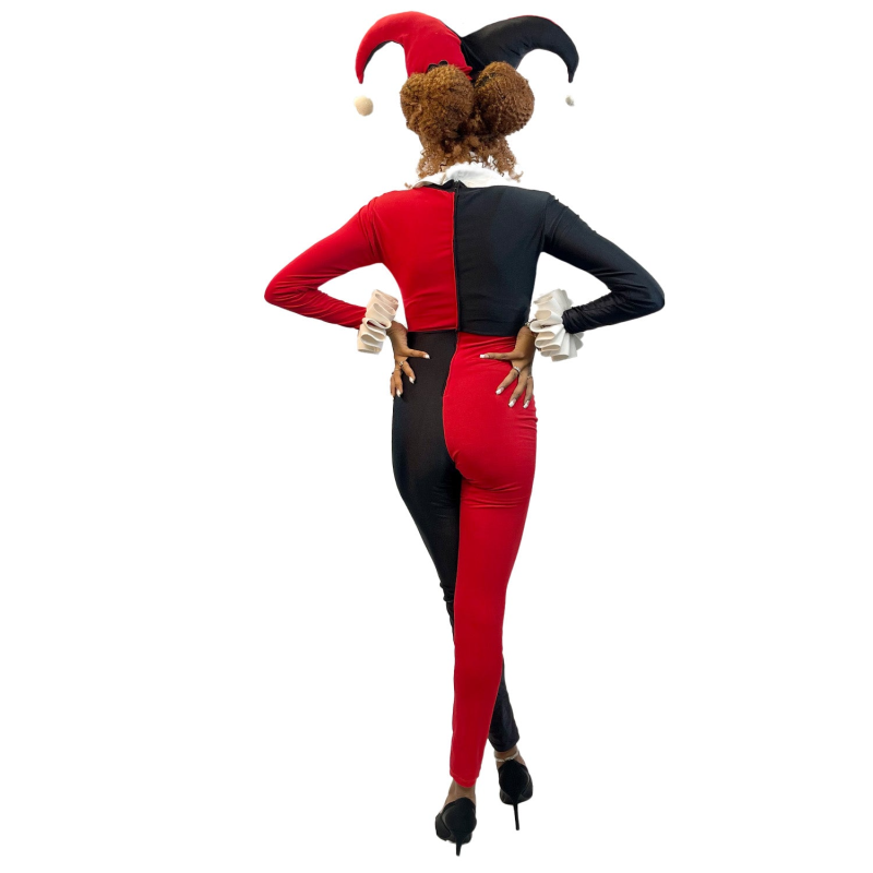 ABRACADABRA NYC DC COMIC HARLEQUIN JESTER ADULT COSTUME JUMPSUIT W/ JESTER HAT AND MASK