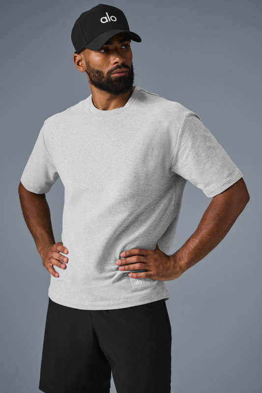 ALO YOGA DOUBLE TAKE SHORT SLEEVE - ATHLETIC HEATHER GREY