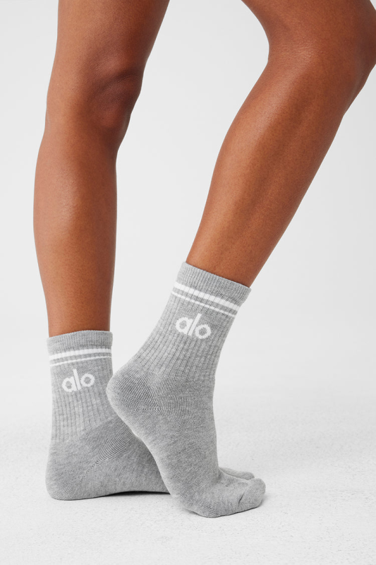 ALO YOGA UNISEX HALF-CREW THROWBACK SOCK- ATHLETIC HEATHER GREY WHITE