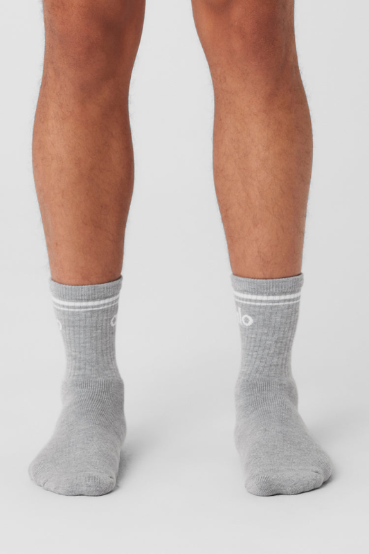 ALO YOGA UNISEX HALF-CREW THROWBACK SOCK- ATHLETIC HEATHER GREY WHITE
