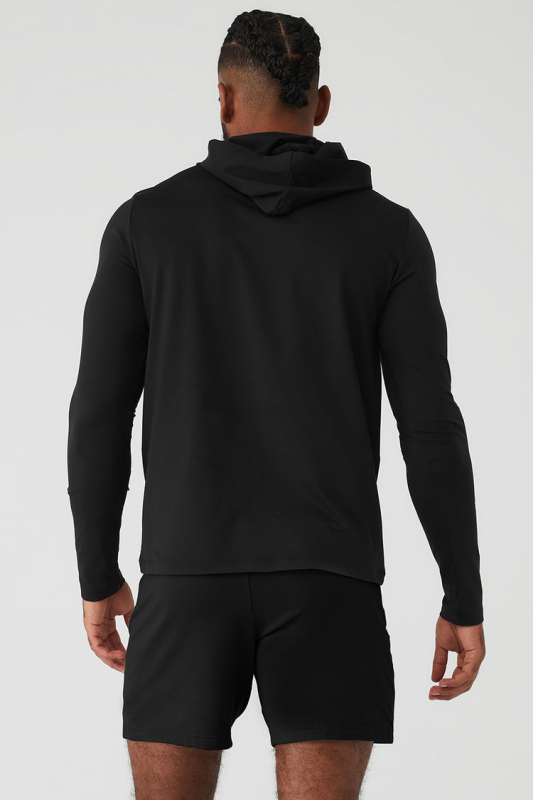 ALO YOGA CONQUER REFORM LONG SLEEVE WITH HOOD - BLACK
