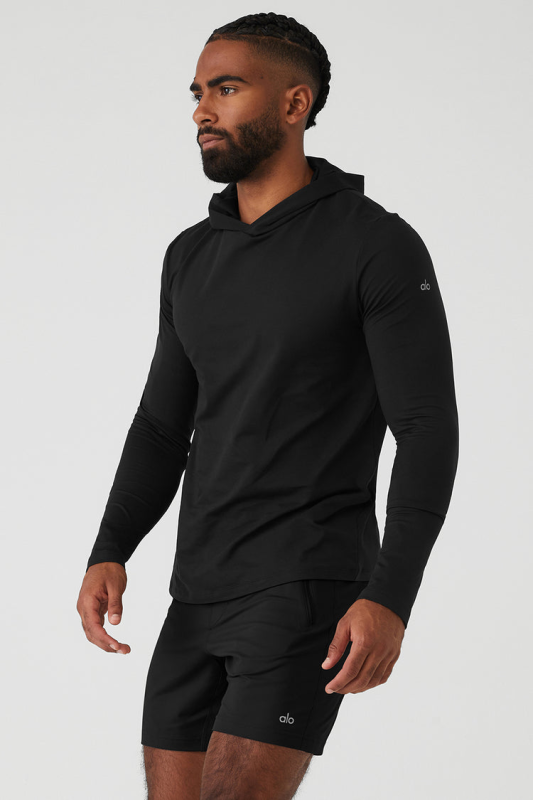 ALO YOGA CONQUER REFORM LONG SLEEVE WITH HOOD - BLACK