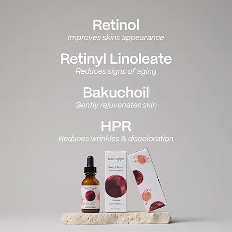 MAD HIPPIE SUPER A RETINOL SERUM FOR FACE – POTENT SKIN REPAIR & ANTI-AGING SERUM WITH 3 RETINOIDS, BAKUCHIOL + HYDRATING HYALURONIC ACID, 1.02 OZ + SKIN CARE PILLOW PACK