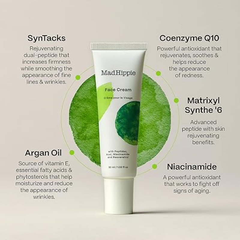 MAD HIPPIE FACE CREAM – AGE-DEFYING FACE MOISTURIZER & SKIN TIGHTENING CREAM WITH NIACINAMIDE, ADVANCED PEPTIDES & ARGAN OIL (1.02 OZ) + SKIN CARE PILLOW PACK