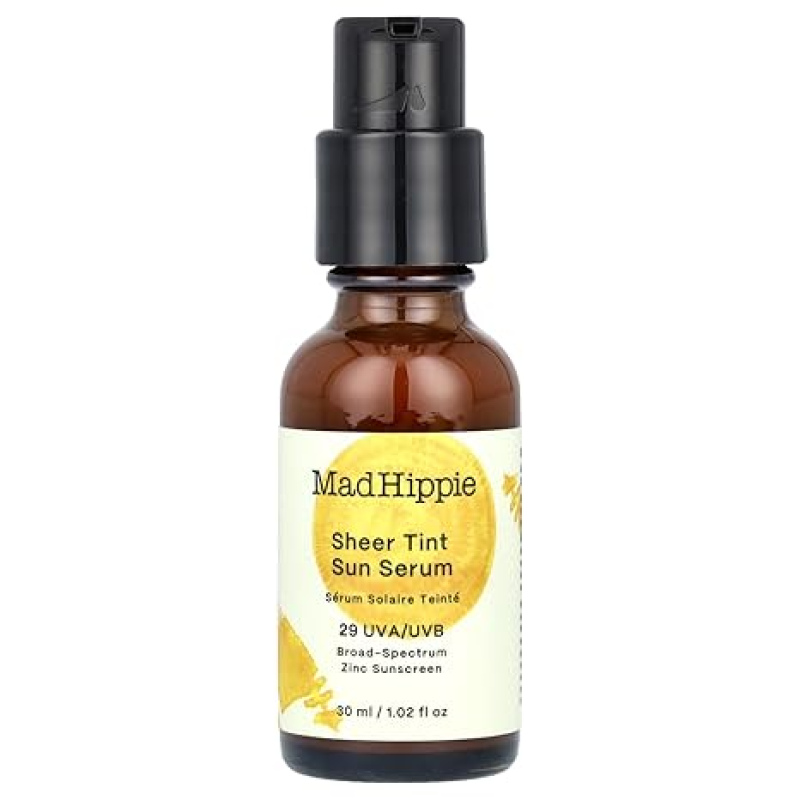 MAD HIPPIE SHEER TINT SUN SERUM (MEDIUM/DARK), TINTED MOISTURIZER FOR FACE WITH SPF 29, VITAMIN C, HYALURONIC ACID, TINTED SUNSCREEN FOR FACE IN A RECYCLABLE GLASS BOTTLE, REEF SAFE, 1.02 OZ