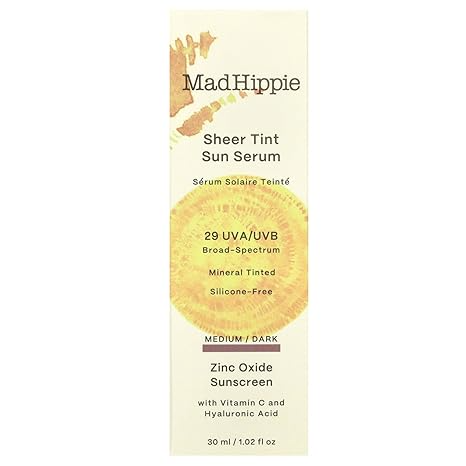 MAD HIPPIE SHEER TINT SUN SERUM (MEDIUM/DARK), TINTED MOISTURIZER FOR FACE WITH SPF 29, VITAMIN C, HYALURONIC ACID, TINTED SUNSCREEN FOR FACE IN A RECYCLABLE GLASS BOTTLE, REEF SAFE, 1.02 OZ